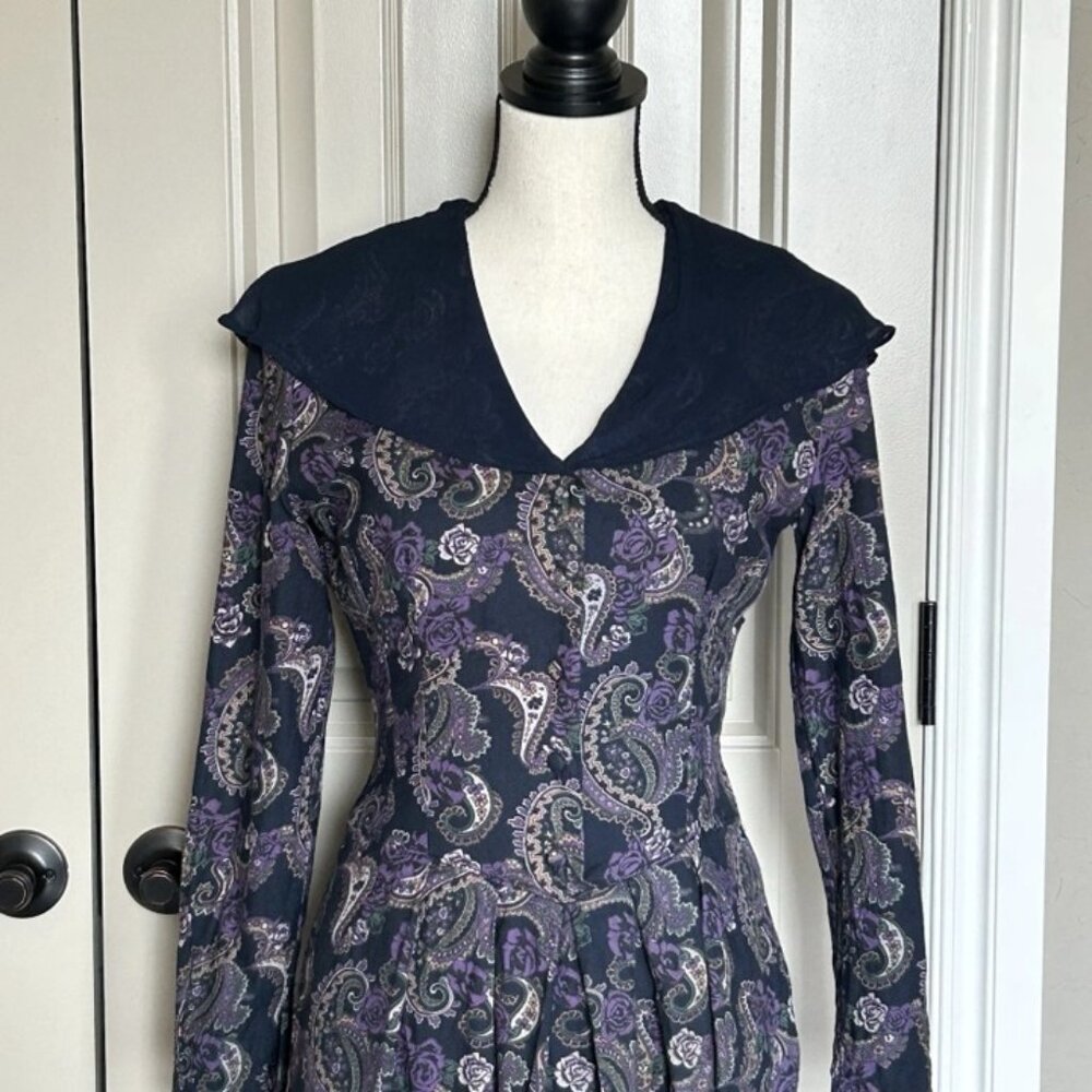 Vtg Laura Ashley Midi Blue Purple Paisley Basque Dress Modest Cottagecore US 8 - Picture 3 of 16